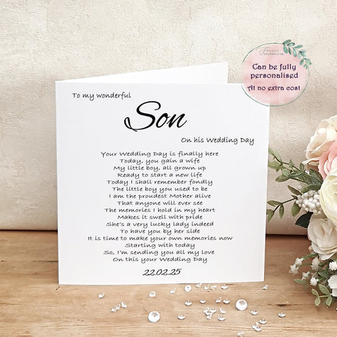 Son Wedding Day Card, Simple Card for the Groom, Personalised Son Groom Card, Keepsake from Parents of the Groom, Wedding Day Card