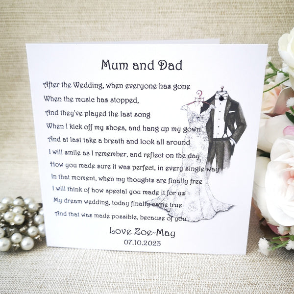 To my Mum and Dad on my wedding day, Mother and Father of the Bride card, Parents of the Bride poem, Card from Daughter