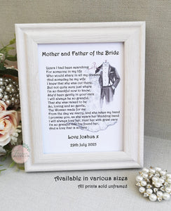 Mother and Father of the Bride Print, Gift from Groom, Parent Wedding Gift, Wedding Thank You, Personalised poem