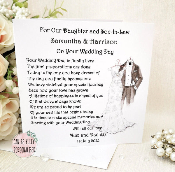 Personalised Daughter and Son in law Wedding Day Card, Daughter Wedding Day, Bride and Groom Keepsake, Wedding Poem Card, Large custom card