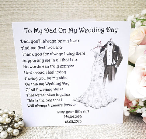 Father of the Bride Wedding Day Card, To my Dad on my Wedding Day, Parent Wedding Card, Card from Bride, Large Wedding Keepsake Poem Card