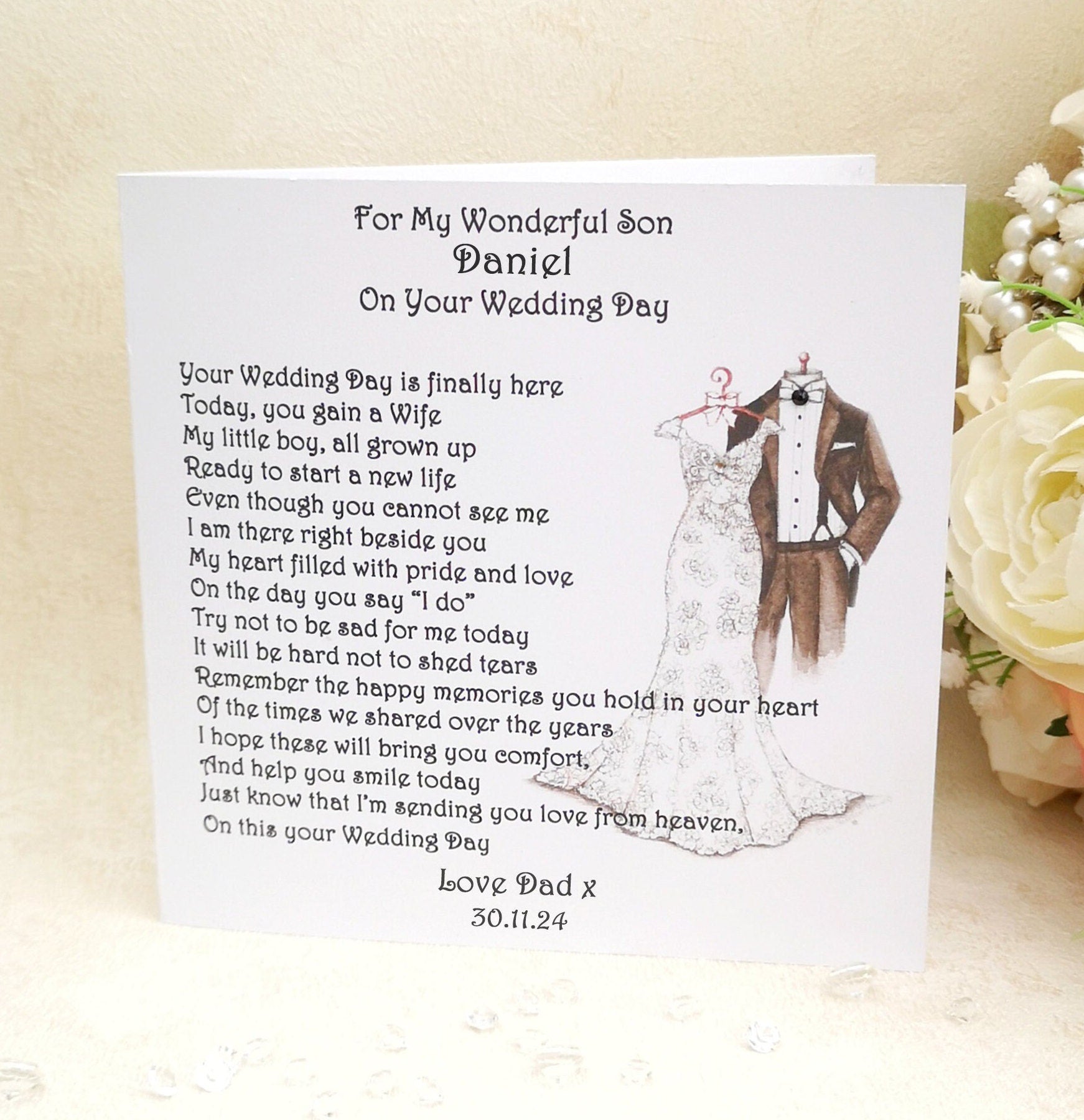 Card from Heaven, Groom Wedding Day Card from deceased Parent, Personalised Remembrance Keepsake, Son on his Wedding Day, Mum Heaven Card