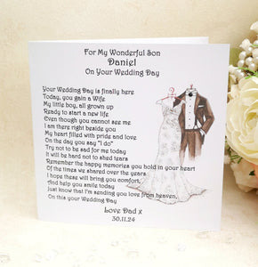 Card from Heaven, Groom Wedding Day Card from deceased Parent, Personalised Remembrance Keepsake, Son on his Wedding Day, Mum Heaven Card