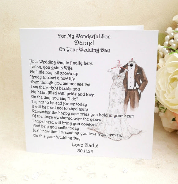 Card from Heaven, Groom Wedding Day Card from deceased Parent, Personalised Remembrance Keepsake, Son on his Wedding Day, Mum Heaven Card