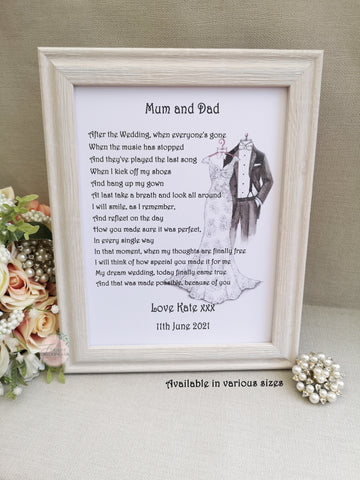 Mum and Dad Print, Wedding Thank You gift, Wedding Print, Unframed